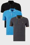 Buratti Pamuklu Slim Fit Şerit Detaylı Düğmeli Polo Yaka 3'lü Paket Erkek T Shirt 5902118S3 Siyah-Antrasit-Koyu Mavi