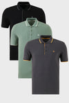 Buratti Pamuklu Slim Fit Şerit Detaylı Düğmeli Polo Yaka 3'lü Paket Erkek T Shirt 5902118S3 Siyah-Antrasit-Elma Yeşili-Beyaz