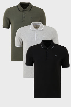 Buratti Pamuklu Slim Fit Şerit Detaylı Düğmeli Polo Yaka 3'lü Paket Erkek T Shirt 5902118S3 Siyah-Haki-Gri Melanj