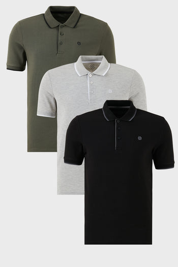 Buratti Pamuklu Slim Fit Şerit Detaylı Düğmeli Polo Yaka 3'lü Paket Erkek T Shirt 5902118S3 Siyah-Haki-Gri Melanj