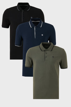 Buratti Pamuklu Slim Fit Şerit Detaylı Düğmeli Polo Yaka 3'lü Paket Erkek T Shirt 5902118S3 Siyah-Haki-Lacivert