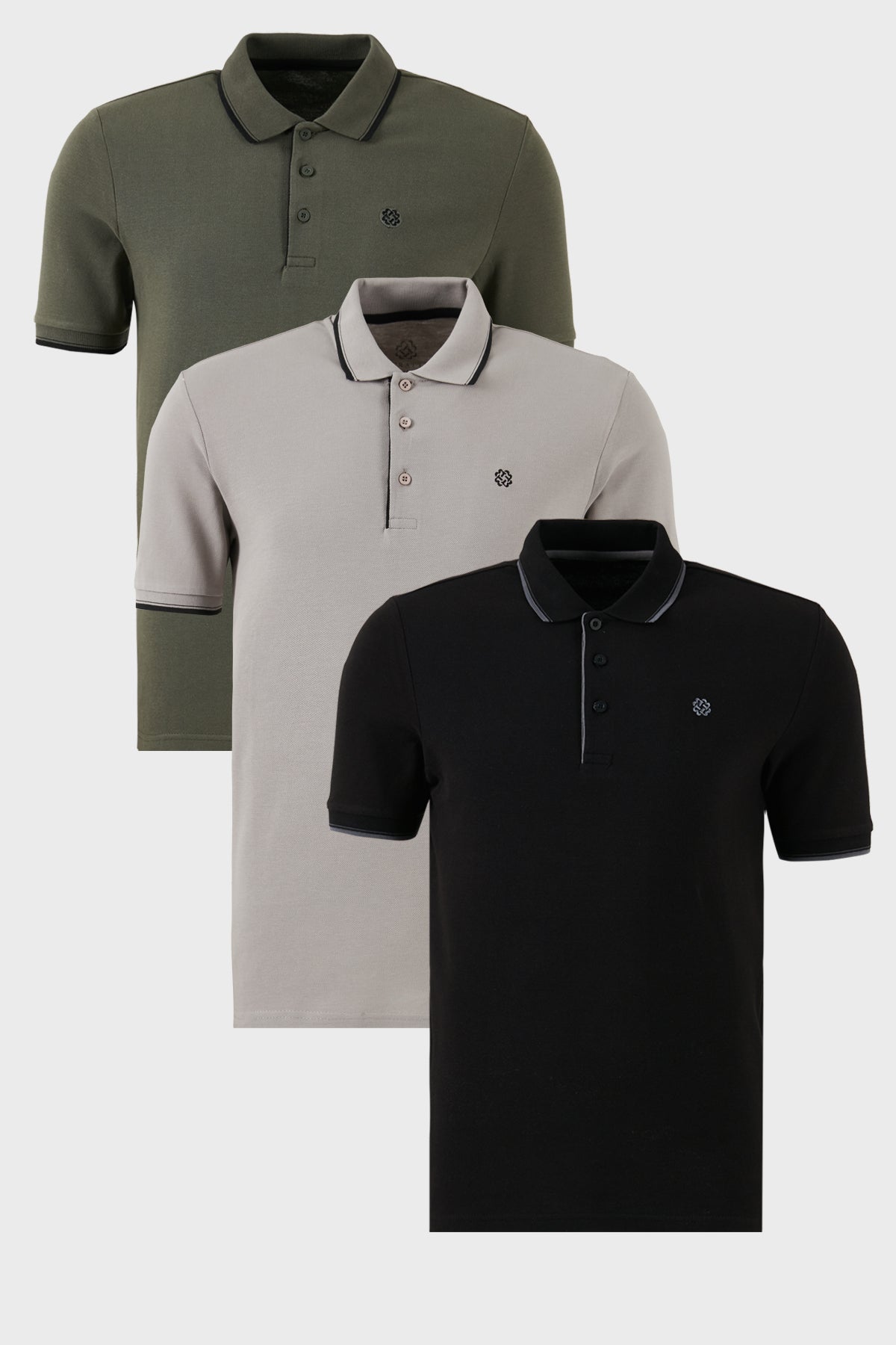 Buratti Pamuklu Slim Fit Şerit Detaylı Düğmeli Polo Yaka 3'lü Paket Erkek T Shirt 5902118S3 Siyah-Haki-Taş