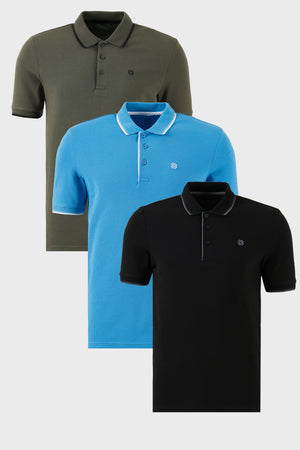 Buratti Pamuklu Slim Fit Şerit Detaylı Düğmeli Polo Yaka 3'lü Paket Erkek T Shirt 5902118S3 Siyah-Haki-Koyu Mavi