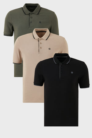 Buratti Pamuklu Slim Fit Şerit Detaylı Düğmeli Polo Yaka 3'lü Paket Erkek T Shirt 5902118S3 Siyah-Haki-Vizon
