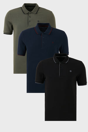 Buratti Pamuklu Slim Fit Şerit Detaylı Düğmeli Polo Yaka 3'lü Paket Erkek T Shirt 5902118S3 Siyah-Haki-Lacivert-Bordo