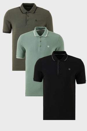 Buratti Pamuklu Slim Fit Şerit Detaylı Düğmeli Polo Yaka 3'lü Paket Erkek T Shirt 5902118S3 Siyah-Haki-Elma Yeşili-Beyaz