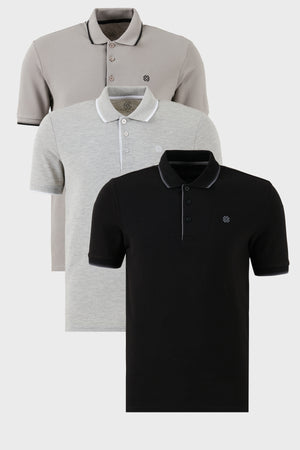 Buratti Pamuklu Slim Fit Şerit Detaylı Düğmeli Polo Yaka 3'lü Paket Erkek T Shirt 5902118S3 Siyah-Gri Melanj-Taş