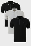 Buratti Pamuklu Slim Fit Şerit Detaylı Düğmeli Polo Yaka 3'lü Paket Erkek T Shirt 5902118S3 Siyah-Gri Melanj-Siyah-Beyaz