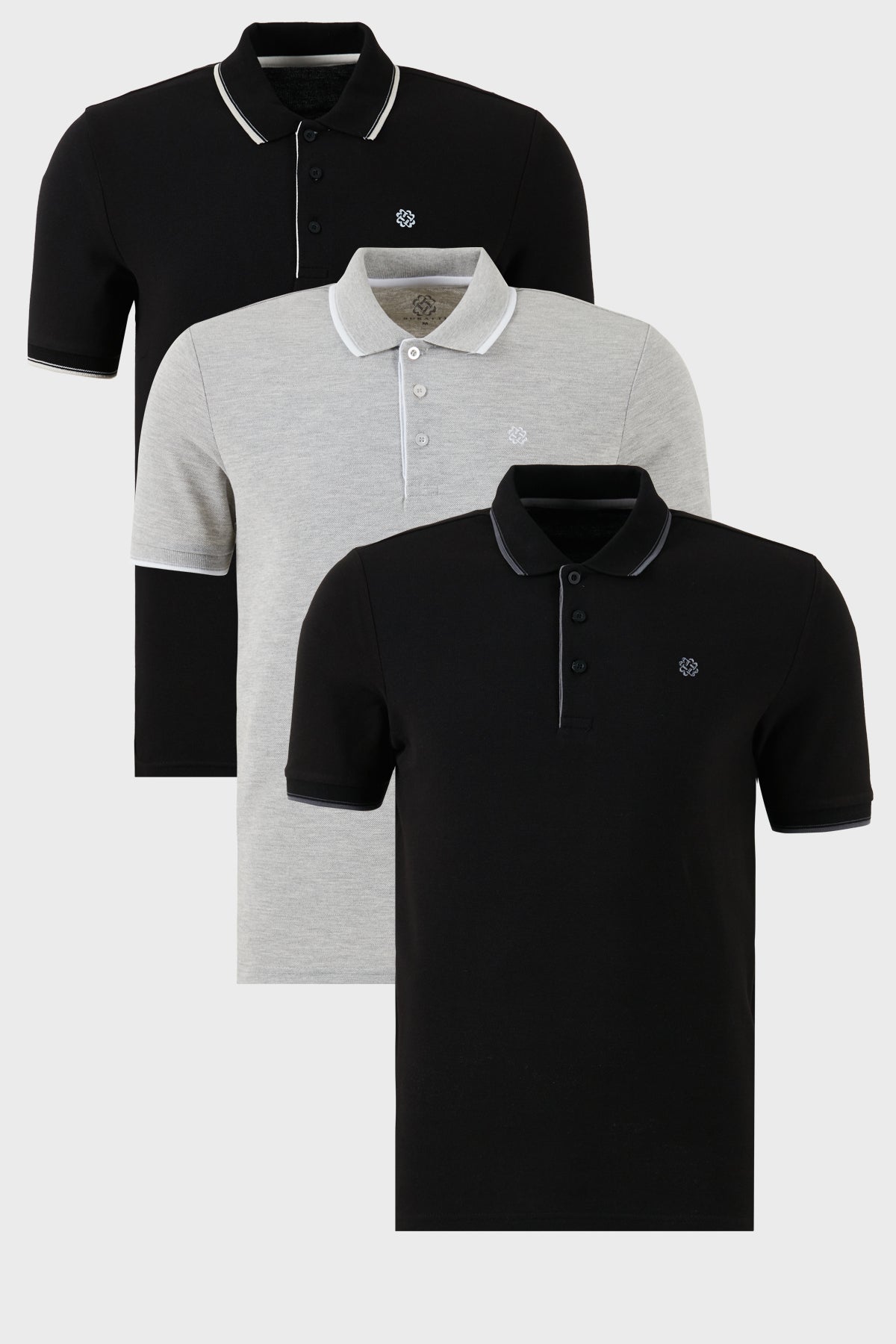 Buratti Pamuklu Slim Fit Şerit Detaylı Düğmeli Polo Yaka 3'lü Paket Erkek T Shirt 5902118S3 Siyah-Gri Melanj-Siyah-Beyaz
