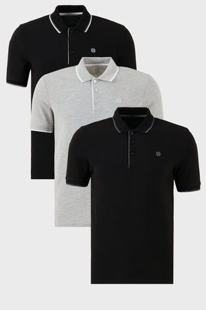 Buratti Pamuklu Slim Fit Şerit Detaylı Düğmeli Polo Yaka 3'lü Paket Erkek T Shirt 5902118S3 Siyah-Gri Melanj-Siyah-Beyaz