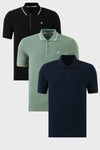 Buratti Pamuklu Slim Fit Şerit Detaylı Düğmeli Polo Yaka 3'lü Paket Erkek T Shirt 5902118S3 Siyah-Beyaz-Lacivert-Bordo-Elma Yeşili-Beyaz