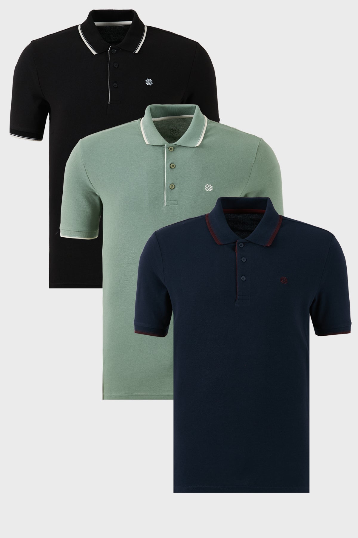 Buratti Pamuklu Slim Fit Şerit Detaylı Düğmeli Polo Yaka 3'lü Paket Erkek T Shirt 5902118S3 Siyah-Beyaz-Lacivert-Bordo-Elma Yeşili-Beyaz