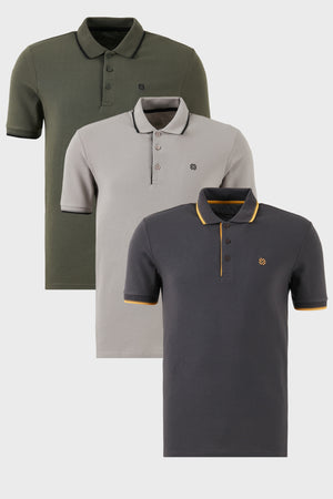 Buratti Pamuklu Slim Fit Şerit Detaylı Düğmeli Polo Yaka 3'lü Paket Erkek T Shirt 5902118S3 Antrasit-Haki-Taş