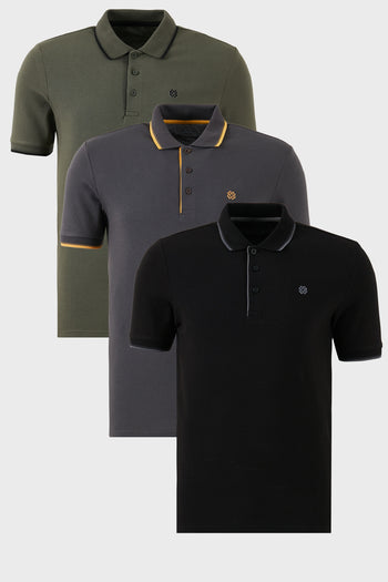 Buratti Pamuklu Slim Fit Şerit Detaylı Düğmeli Polo Yaka 3'lü Paket Erkek T Shirt 5902118S3 Siyah-Haki-Antrasit