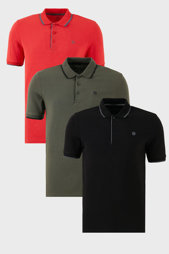 Buratti Pamuklu Slim Fit Şerit Detaylı Düğmeli Polo Yaka 3'lü Paket Erkek T Shirt 5902118S3 Siyah-Kırmızı-Haki