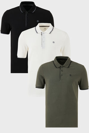Buratti Pamuklu Slim Fit Şerit Detaylı Düğmeli Polo Yaka 3'lü Paket Erkek T Shirt 5902118S3 SİYAH-BEYAZ-HAKİ