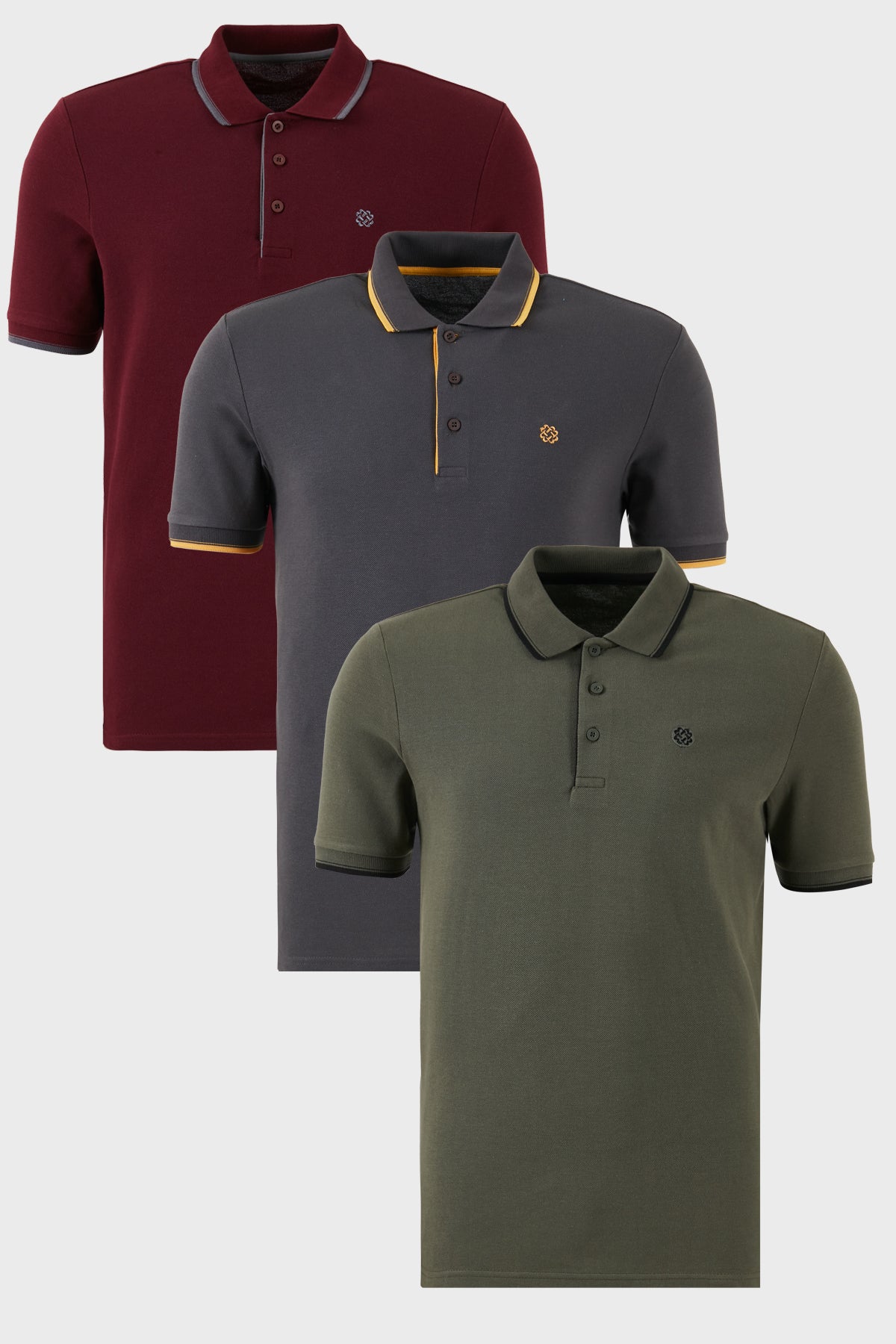 Buratti Pamuklu Slim Fit Şerit Detaylı Düğmeli Polo Yaka 3'lü Paket Erkek T Shirt 5902118S3 Vişne-Antrasit-Haki