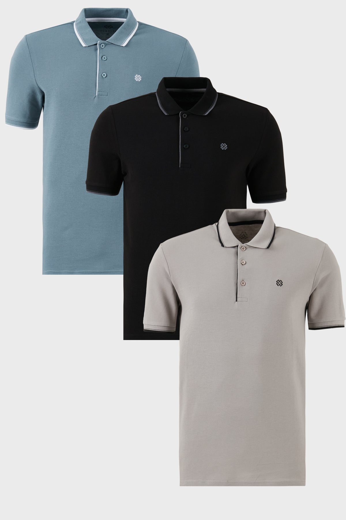 Buratti Pamuklu Slim Fit Şerit Detaylı Düğmeli Polo Yaka 3'lü Paket Erkek T Shirt 5902118S3 Siyah-Mavi-Taş