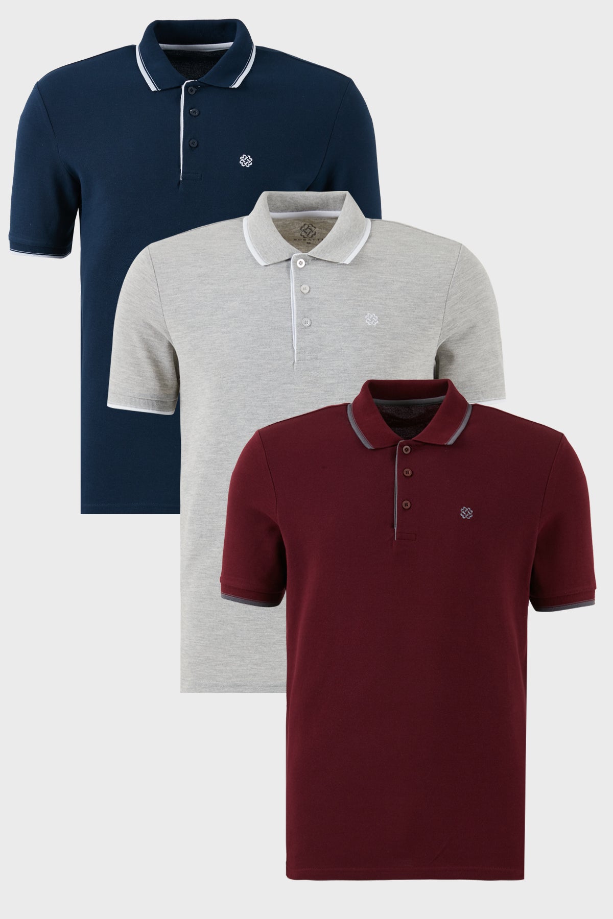 Buratti Pamuklu Slim Fit Şerit Detaylı Düğmeli Polo Yaka 3'lü Paket Erkek T Shirt 5902118S3 Vişne-Gri Melanj-İndigo