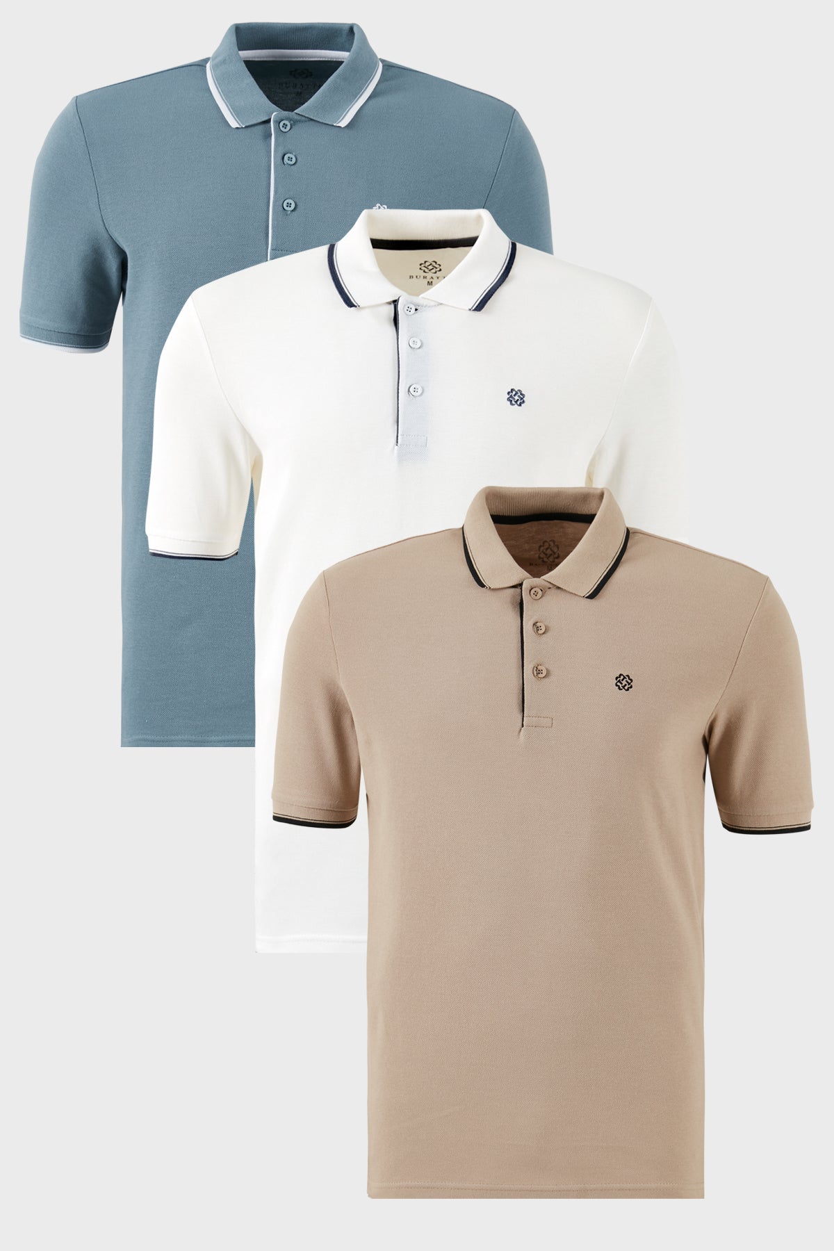 Buratti Pamuklu Slim Fit Şerit Detaylı Düğmeli Polo Yaka 3'lü Paket Erkek T Shirt 5902118S3 Beyaz-Mavi-Vizon