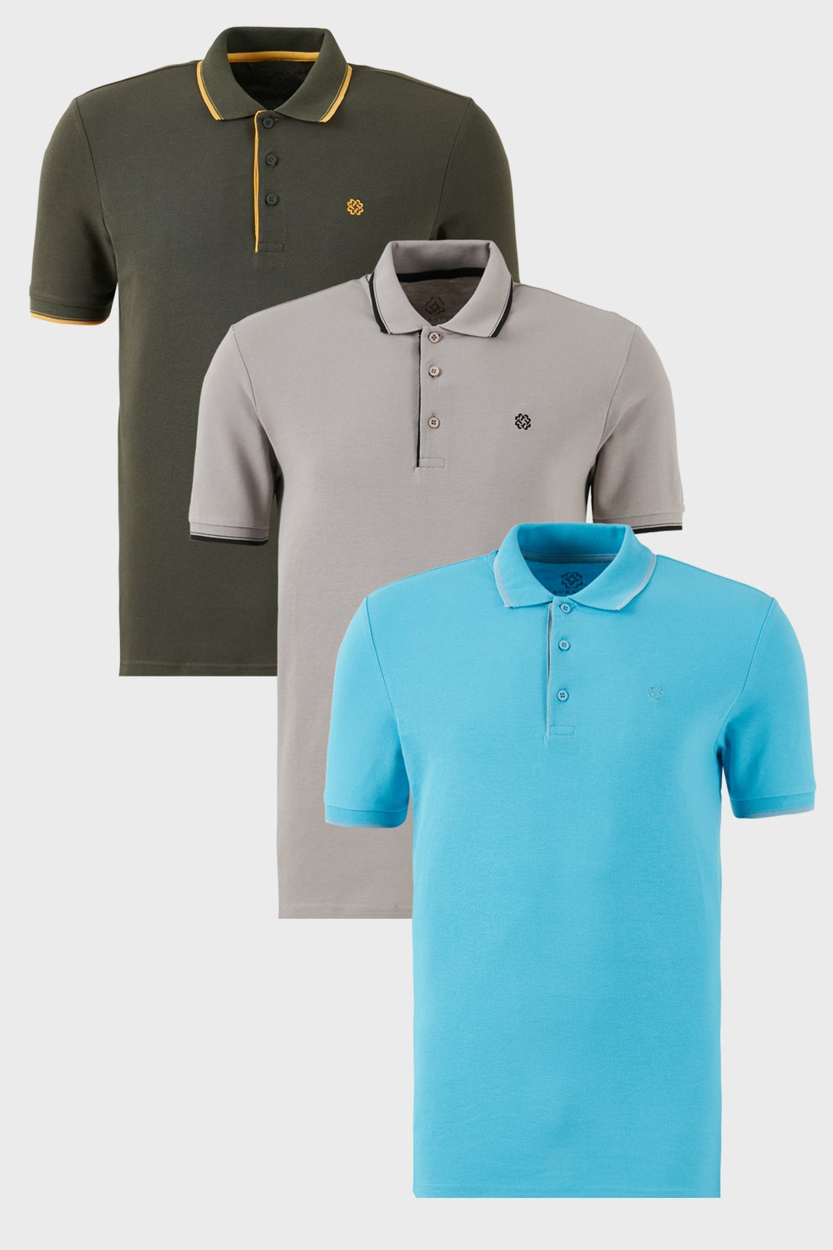 Buratti Pamuklu Slim Fit Şerit Detaylı Düğmeli Polo Yaka 3'lü Paket Erkek T Shirt 5902118S3 Aquamavi-Hakisarı-Taş