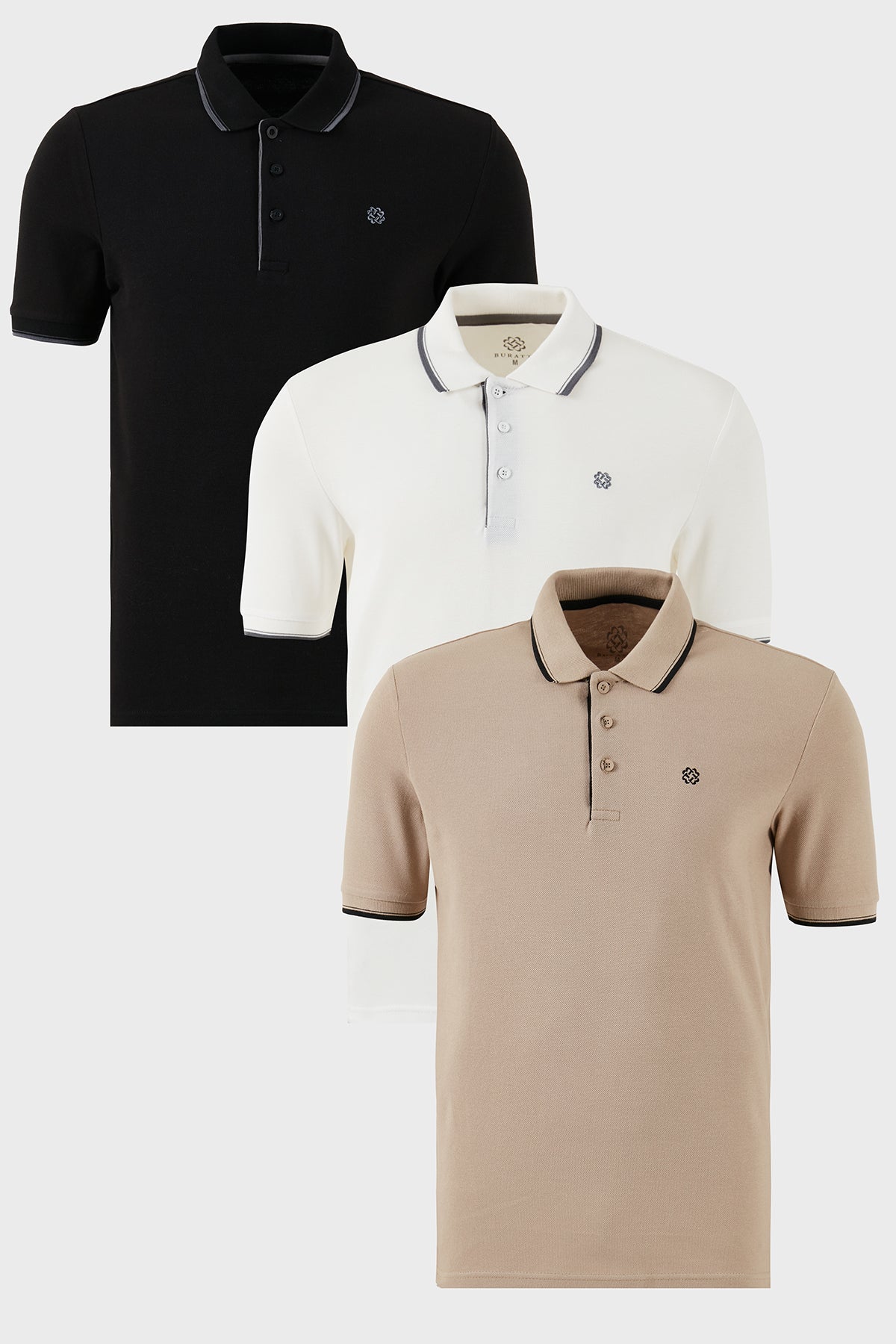 Buratti Pamuklu Slim Fit Şerit Detaylı Düğmeli Polo Yaka 3'lü Paket Erkek T Shirt 5902118S3 Siyah-Beyaz-Vizon