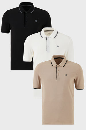 Buratti Pamuklu Slim Fit Şerit Detaylı Düğmeli Polo Yaka 3'lü Paket Erkek T Shirt 5902118S3 Siyah-Beyaz-Vizon