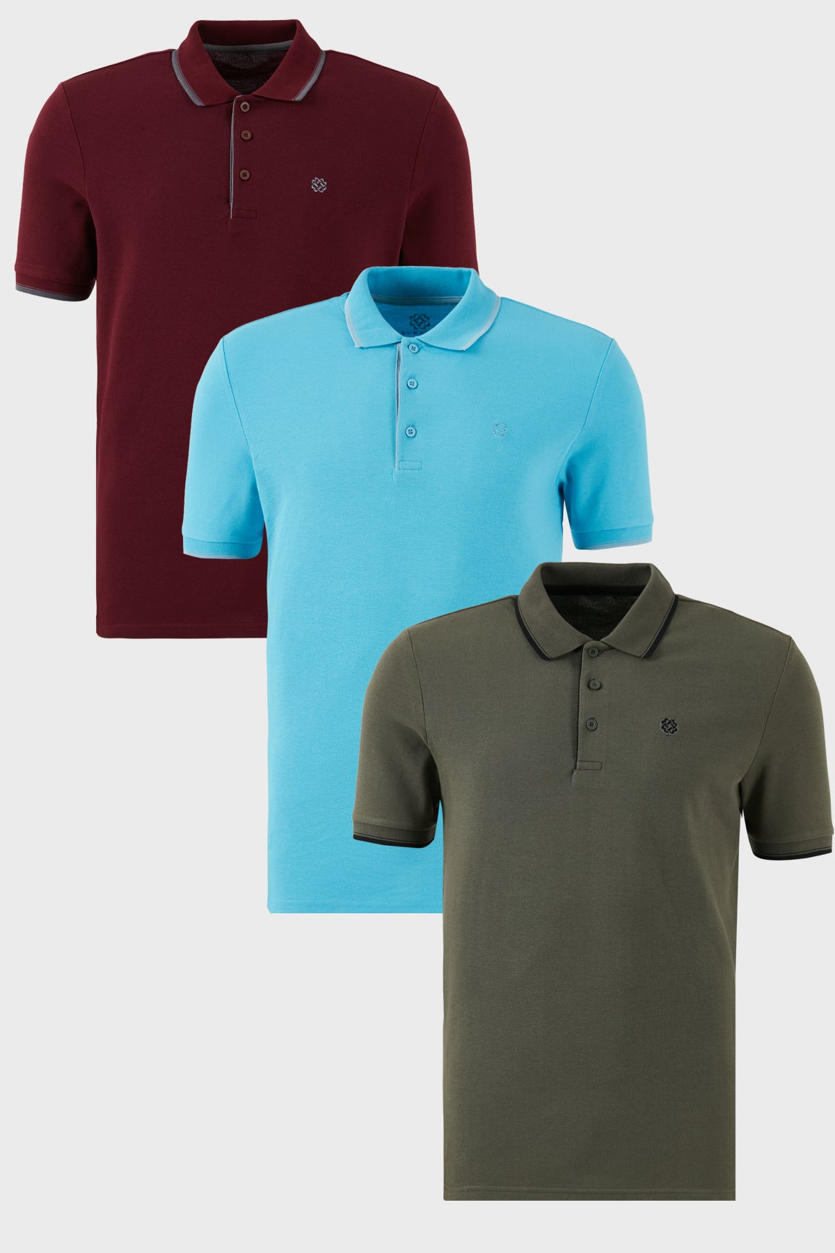 Buratti Pamuklu Slim Fit Şerit Detaylı Düğmeli Polo Yaka 3'lü Paket Erkek T Shirt 5902118S3 Vişne-Haki-Aquamavi