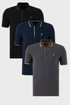 Buratti Pamuklu Slim Fit Şerit Detaylı Düğmeli Polo Yaka 3'lü Paket Erkek T Shirt 5902118S3 Siyah-Antrasit-Lacivert