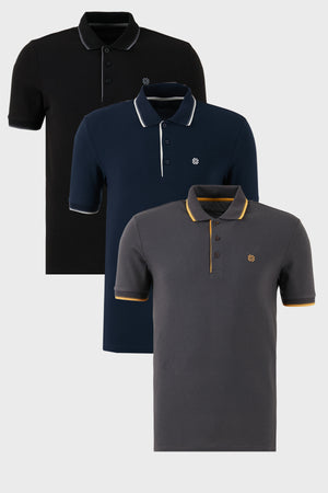 Buratti Pamuklu Slim Fit Şerit Detaylı Düğmeli Polo Yaka 3'lü Paket Erkek T Shirt 5902118S3 Siyah-Antrasit-Lacivert