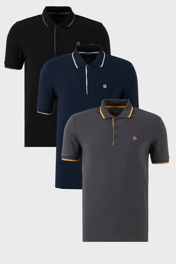 Buratti Pamuklu Slim Fit Şerit Detaylı Düğmeli Polo Yaka 3'lü Paket Erkek T Shirt 5902118S3 Siyah-Antrasit-Lacivert