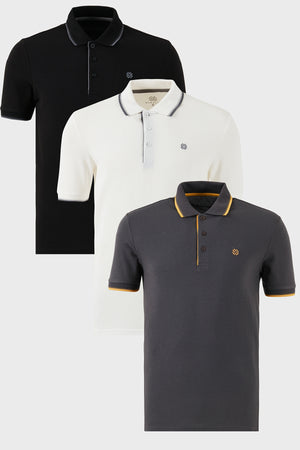 Buratti Pamuklu Slim Fit Şerit Detaylı Düğmeli Polo Yaka 3'lü Paket Erkek T Shirt 5902118S3 Siyah-Beyaz-Antrasit