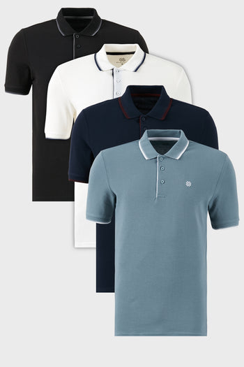 Buratti Pamuklu Slim Fit Şerit Detaylı Düğmeli Polo Yaka 4'lü Paket Erkek T Shirt 5902118S4 SİYAH-BEYAZ-LACİVERTBORDO-MAVİ
