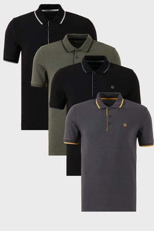 Buratti Pamuklu Slim Fit Şerit Detaylı Düğmeli Polo Yaka 4'lü Paket Erkek T Shirt 5902118S4 SİYAH-ANTRASİT-HAKİ-SİYAHBEYAZ