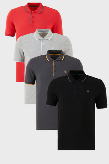 Buratti Pamuklu Slim Fit Şerit Detaylı Düğmeli Polo Yaka 4'lü Paket Erkek T Shirt 5902118S4 Siyah-Kırmızı-Antrasit-Gri Melanj