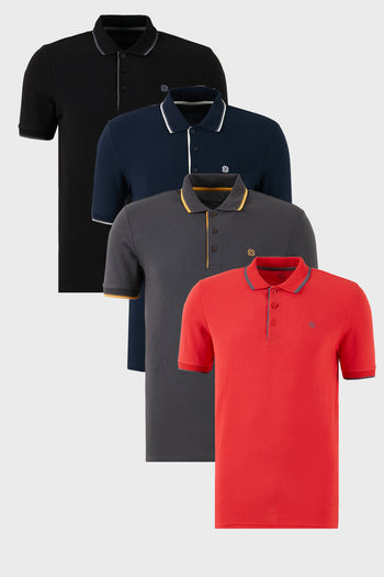 Buratti Pamuklu Slim Fit Şerit Detaylı Düğmeli Polo Yaka 4'lü Paket Erkek T Shirt 5902118S4 Siyah-Kırmızı-Antrasit-Lacivert
