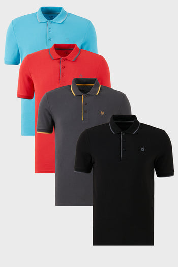 Buratti Pamuklu Slim Fit Şerit Detaylı Düğmeli Polo Yaka 4'lü Paket Erkek T Shirt 5902118S4 Siyah-Kırmızı-Antrasit-Aqua Mavi