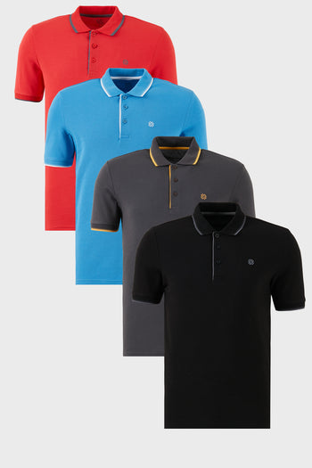 Buratti Pamuklu Slim Fit Şerit Detaylı Düğmeli Polo Yaka 4'lü Paket Erkek T Shirt 5902118S4 Siyah-Kırmızı-Antrasit-Koyu Mavi