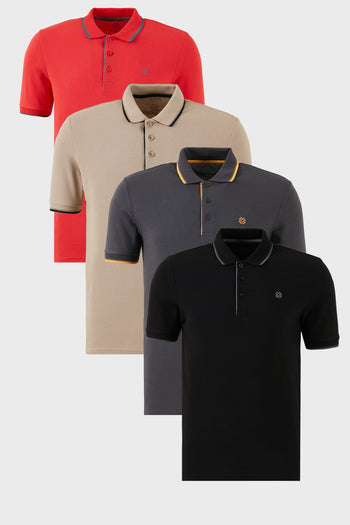 Buratti Pamuklu Slim Fit Şerit Detaylı Düğmeli Polo Yaka 4'lü Paket Erkek T Shirt 5902118S4 Siyah-Kırmızı-Antrasit-Vizon
