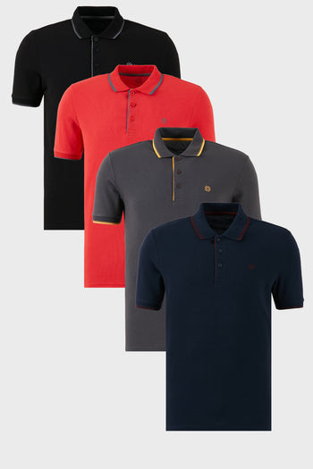 Buratti Pamuklu Slim Fit Şerit Detaylı Düğmeli Polo Yaka 4'lü Paket Erkek T Shirt 5902118S4 Siyah-Kırmızı-Antrasit-Lacivert-Bordo