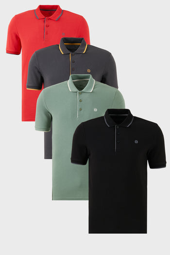 Buratti Pamuklu Slim Fit Şerit Detaylı Düğmeli Polo Yaka 4'lü Paket Erkek T Shirt 5902118S4 Siyah-Kırmızı-Antrasit-Elma Yeşili-Beyaz