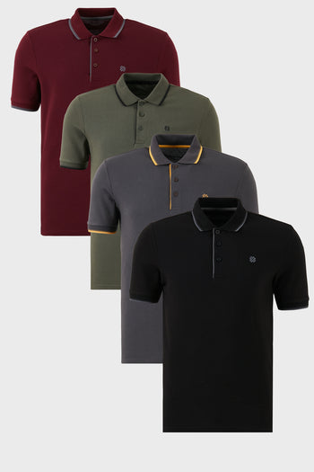 Buratti Pamuklu Slim Fit Şerit Detaylı Düğmeli Polo Yaka 4'lü Paket Erkek T Shirt 5902118S4 Siyah-Vişne-Antrasit-Haki