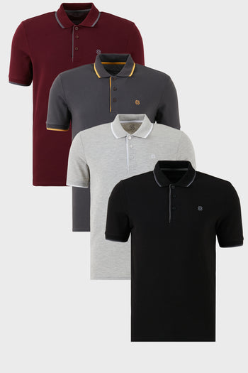 Buratti Pamuklu Slim Fit Şerit Detaylı Düğmeli Polo Yaka 4'lü Paket Erkek T Shirt 5902118S4 Siyah-Vişne-Antrasit-Gri Melanj