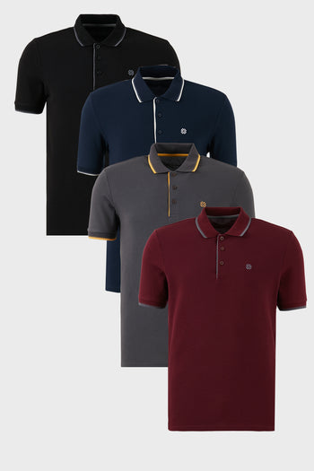 Buratti Pamuklu Slim Fit Şerit Detaylı Düğmeli Polo Yaka 4'lü Paket Erkek T Shirt 5902118S4 Siyah-Vişne-Antrasit-Lacivert