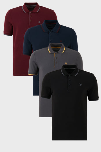 Buratti Pamuklu Slim Fit Şerit Detaylı Düğmeli Polo Yaka 4'lü Paket Erkek T Shirt 5902118S4 Siyah-Vişne-Antrasit-Lacivert-Bordo