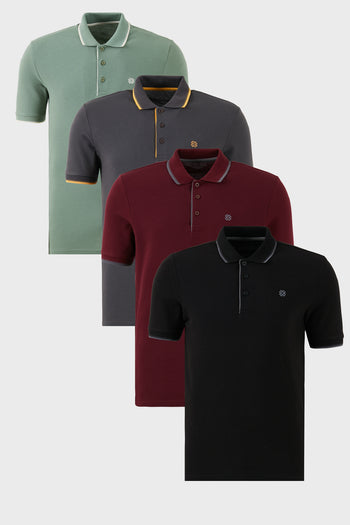 Buratti Pamuklu Slim Fit Şerit Detaylı Düğmeli Polo Yaka 4'lü Paket Erkek T Shirt 5902118S4 Siyah-Vişne-Antrasit-Elma Yeşili-Beyaz