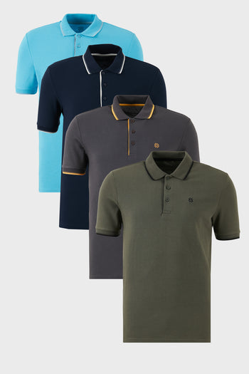 Buratti Pamuklu Slim Fit Şerit Detaylı Düğmeli Polo Yaka 4'lü Paket Erkek T Shirt 5902118S4 Antrasit-Haki-Lacivert-Aqua Mavi