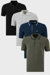 Buratti Pamuklu Slim Fit Şerit Detaylı Düğmeli Polo Yaka 4'lü Paket Erkek T Shirt 5902118S4 Siyah-Gri Melanj-Haki-İndigo