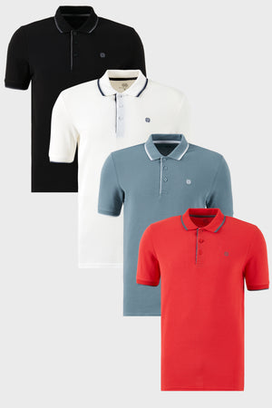 Buratti Pamuklu Slim Fit Şerit Detaylı Düğmeli Polo Yaka 4'lü Paket Erkek T Shirt 5902118S4 Siyah-Beyaz-Kırmızı-Mavi