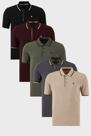 Buratti Pamuklu Slim Fit Şerit Detaylı Düğmeli Polo Yaka 5'li Paket Erkek T Shirt 5902118S5 SİYAH-BEYAZ-HAKİ-VişneBeyaz-ANTRASİTVİZON